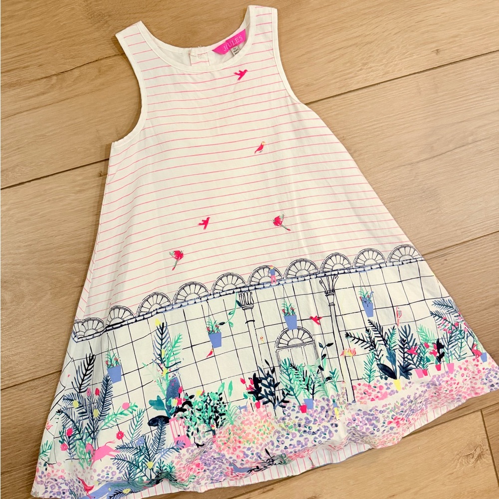 Joules Cream Dress with Pink Stripes and Garden Border Sz 3
